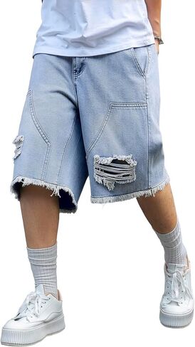 شورت جينز رجالي Y2K Carpenter فضفاض، ممزق Jorts واسع الساق، شورت طويل من قماش الدنيم فضفاض مناسب للصيف in Kuwait