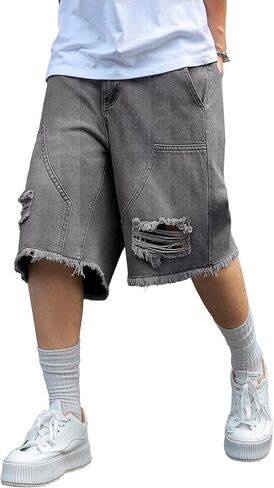 شورت جينز رجالي Y2K Carpenter فضفاض، ممزق Jorts واسع الساق، شورت طويل من قماش الدنيم فضفاض مناسب للصيف in Kuwait