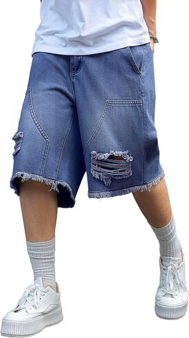 شورت جينز رجالي Y2K Carpenter فضفاض، ممزق Jorts واسع الساق، شورت طويل من قماش الدنيم فضفاض مناسب للصيف in Kuwait