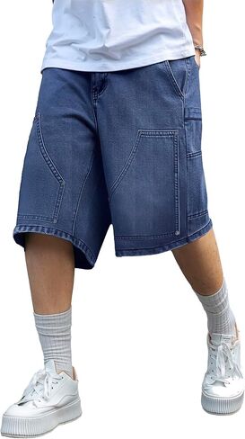 شورت جينز رجالي Y2K Carpenter فضفاض، ممزق Jorts واسع الساق، شورت طويل من قماش الدنيم فضفاض مناسب للصيف in Kuwait