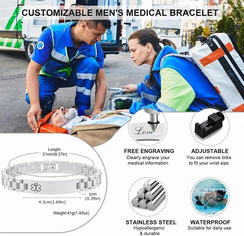 Personalized Medical Alert Bracelets for Men / Women -Stainless Steel Waterproof Medical ID Bracelets Customizable Medic Info, Medic Life Alert Bracelet Wristband Jewelry for Diabetic Epilepsy Allergy in Saudi Arabia
