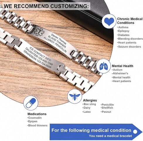 Personalized Medical Alert Bracelets for Men / Women -Stainless Steel Waterproof Medical ID Bracelets Customizable Medic Info, Medic Life Alert Bracelet Wristband Jewelry for Diabetic Epilepsy Allergy in Saudi Arabia