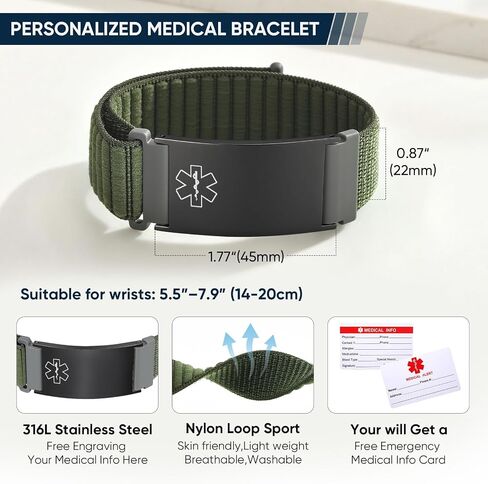 MEALGUET Medical Alert Bracelets for Men Women : Custom Engraving Stainless Steel ID Tag Adjustable Nylon Band Hook-and-Loop Fastener Medical ID Bracelet, Personalized Awareness Wristband Jewelry in Kuwait
