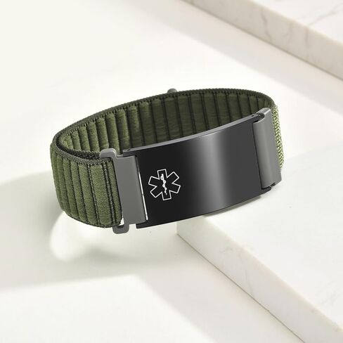 MEALGUET Medical Alert Bracelets for Men Women : Custom Engraving Stainless Steel ID Tag Adjustable Nylon Band Hook-and-Loop Fastener Medical ID Bracelet, Personalized Awareness Wristband Jewelry in Kuwait