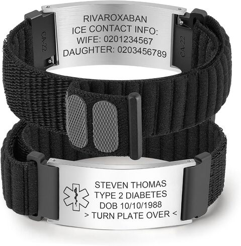 MEALGUET Medical Alert Bracelets for Men Women : Custom Engraving Stainless Steel ID Tag Adjustable Nylon Band Hook-and-Loop Fastener Medical ID Bracelet, Personalized Awareness Wristband Jewelry in Kuwait