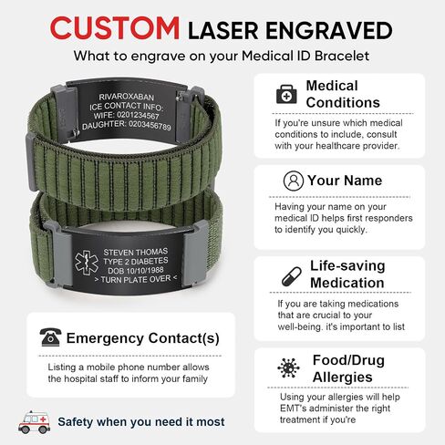 MEALGUET Medical Alert Bracelets for Men Women : Custom Engraving Stainless Steel ID Tag Adjustable Nylon Band Hook-and-Loop Fastener Medical ID Bracelet, Personalized Awareness Wristband Jewelry in Kuwait