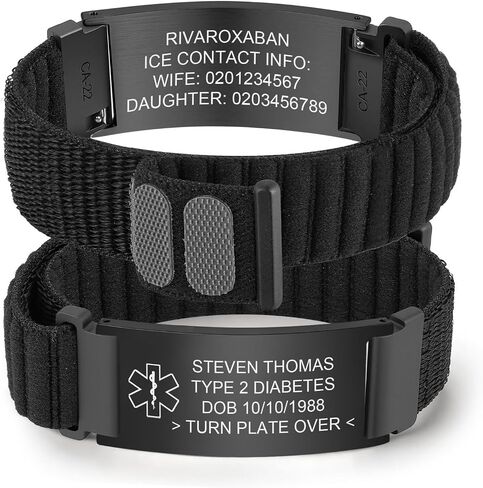 MEALGUET Medical Alert Bracelets for Men Women : Custom Engraving Stainless Steel ID Tag Adjustable Nylon Band Hook-and-Loop Fastener Medical ID Bracelet, Personalized Awareness Wristband Jewelry in Kuwait