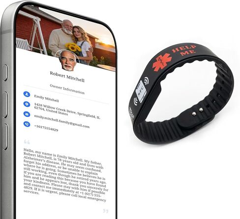 سوار معرف طبي برمز NFC وQR لمرض الزهايمر والتوحد والخرف - سوار معصم من السيليكون للاتصال في حالات الطوارئ مع تنبيه الموقع في الوقت الحقيقي عند المسح الضوئي للعائلة - لا حاجة إلى تطبيق in Kuwait