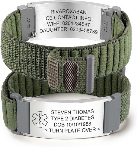 MEALGUET Medical Alert Bracelets for Men Women : Custom Engraving Stainless Steel ID Tag Adjustable Nylon Band Hook-and-Loop Fastener Medical ID Bracelet, Personalized Awareness Wristband Jewelry in Kuwait