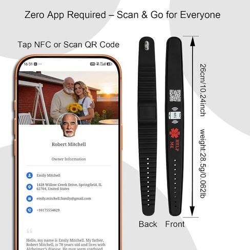 سوار معرف طبي برمز NFC وQR لمرض الزهايمر والتوحد والخرف - سوار معصم من السيليكون للاتصال في حالات الطوارئ مع تنبيه الموقع في الوقت الحقيقي عند المسح الضوئي للعائلة - لا حاجة إلى تطبيق in Kuwait
