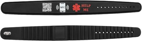 سوار معرف طبي برمز NFC وQR لمرض الزهايمر والتوحد والخرف - سوار معصم من السيليكون للاتصال في حالات الطوارئ مع تنبيه الموقع في الوقت الحقيقي عند المسح الضوئي للعائلة - لا حاجة إلى تطبيق in Kuwait