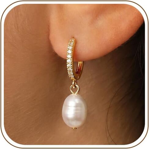 Ritach Pearl Earrings for Women Girls - 14K Gold Plated Freshwater Pearls Dangle Drop Earrings Huggie Hoop Gold Earrings Hypoallergenic Pearl Stud Earrings for Women Girls Birthday Wedding Gifts in Kuwait