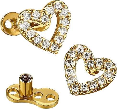 2Pcs Heart Dermal Jewelry Tops 14G Cubic Zirconia Dermal Piercing 316l Surgical Steel Fake Dermals Piercing Internally Threaded Studs for Women Men in Kuwait
