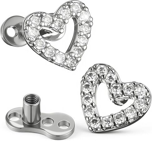2Pcs Heart Dermal Jewelry Tops 14G Cubic Zirconia Dermal Piercing 316l Surgical Steel Fake Dermals Piercing Internally Threaded Studs for Women Men in Kuwait