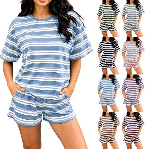 Wkishenl 2 Piece Striped Set For Women Summer Causal Going Out Loungewear Loose Short Sleeve Tops With Elastic Waist Shorts in Saudi Arabia