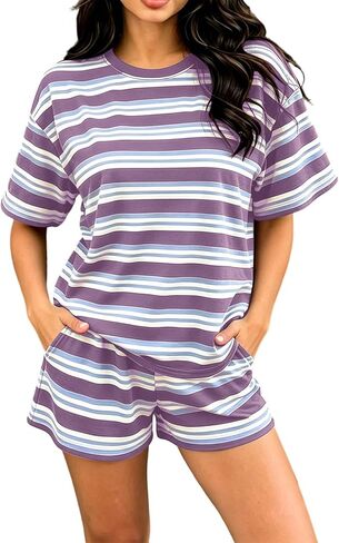 Wkishenl 2 Piece Striped Set For Women Summer Causal Going Out Loungewear Loose Short Sleeve Tops With Elastic Waist Shorts in Saudi Arabia