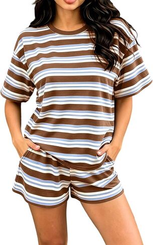 Wkishenl 2 Piece Striped Set For Women Summer Causal Going Out Loungewear Loose Short Sleeve Tops With Elastic Waist Shorts in Saudi Arabia