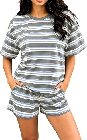 Wkishenl 2 Piece Striped Set For Women Summer Causal Going Out Loungewear Loose Short Sleeve Tops With Elastic Waist Shorts in Saudi Arabia