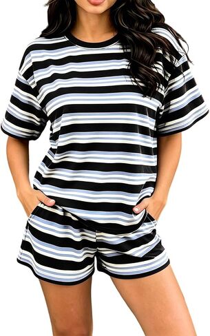 Wkishenl 2 Piece Striped Set For Women Summer Causal Going Out Loungewear Loose Short Sleeve Tops With Elastic Waist Shorts in Saudi Arabia