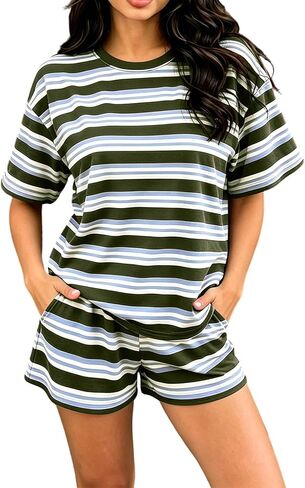 Wkishenl 2 Piece Striped Set For Women Summer Causal Going Out Loungewear Loose Short Sleeve Tops With Elastic Waist Shorts in Saudi Arabia
