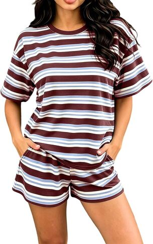Wkishenl 2 Piece Striped Set For Women Summer Causal Going Out Loungewear Loose Short Sleeve Tops With Elastic Waist Shorts in Saudi Arabia