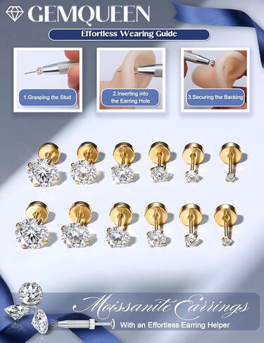 GEMQUEEN 6 Pairs 2-7mm Moissanite Earrings Studs 14K Gold Plated Stainless Steel Flat Back Earring for Women Men - Hypoallergenic Cartilage Helix Piercing Jewelry Brilliant Round Cut D Color VVS1 5.97CT in Kuwait