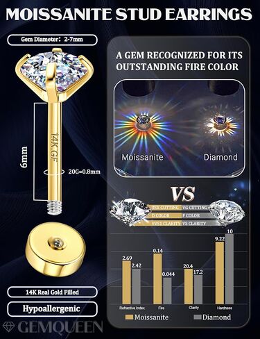 GEMQUEEN 6 Pairs 2-7mm Moissanite Earrings Studs 14K Gold Plated Stainless Steel Flat Back Earring for Women Men - Hypoallergenic Cartilage Helix Piercing Jewelry Brilliant Round Cut D Color VVS1 5.97CT in Kuwait