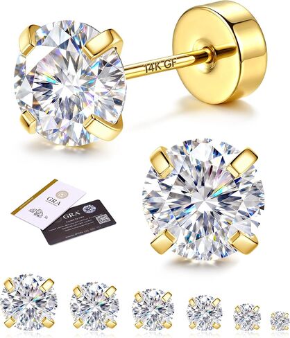 GEMQUEEN 6 Pairs 2-7mm Moissanite Earrings Studs 14K Gold Plated Stainless Steel Flat Back Earring for Women Men - Hypoallergenic Cartilage Helix Piercing Jewelry Brilliant Round Cut D Color VVS1 5.97CT in Kuwait