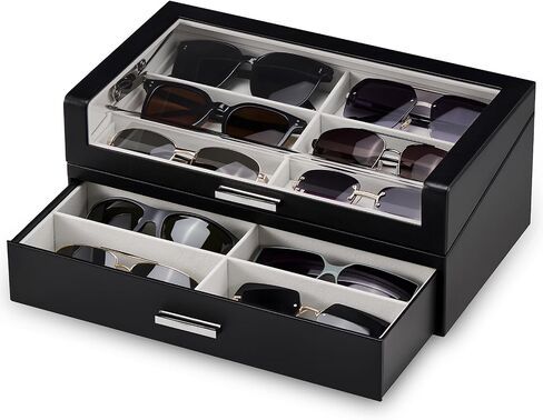 ProCase 12 Slots Sunglasses Box Organizer with L-Shaped Clear Lid, Multiple Pairs Glasses Display Holder Eyewear Eyeglass Eye Glass Storage with Drawer for Men -Espresso in Kuwait