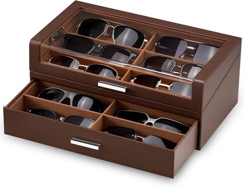 ProCase 12 Slots Sunglasses Box Organizer with L-Shaped Clear Lid, Multiple Pairs Glasses Display Holder Eyewear Eyeglass Eye Glass Storage with Drawer for Men -Espresso in Kuwait