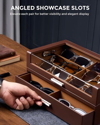 ProCase 12 Slots Sunglasses Box Organizer with L-Shaped Clear Lid, Multiple Pairs Glasses Display Holder Eyewear Eyeglass Eye Glass Storage with Drawer for Men -Espresso in Kuwait