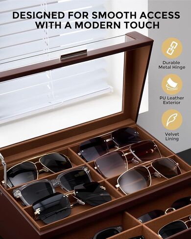 ProCase 12 Slots Sunglasses Box Organizer with L-Shaped Clear Lid, Multiple Pairs Glasses Display Holder Eyewear Eyeglass Eye Glass Storage with Drawer for Men -Espresso in Kuwait
