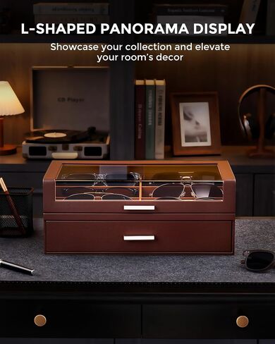 ProCase 12 Slots Sunglasses Box Organizer with L-Shaped Clear Lid, Multiple Pairs Glasses Display Holder Eyewear Eyeglass Eye Glass Storage with Drawer for Men -Espresso in Kuwait