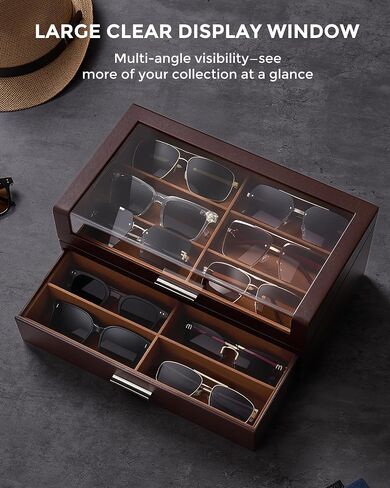 ProCase 12 Slots Sunglasses Box Organizer with L-Shaped Clear Lid, Multiple Pairs Glasses Display Holder Eyewear Eyeglass Eye Glass Storage with Drawer for Men -Espresso in Kuwait