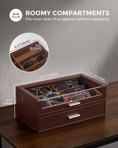 ProCase 12 Slots Sunglasses Box Organizer with L-Shaped Clear Lid, Multiple Pairs Glasses Display Holder Eyewear Eyeglass Eye Glass Storage with Drawer for Men -Espresso in Kuwait