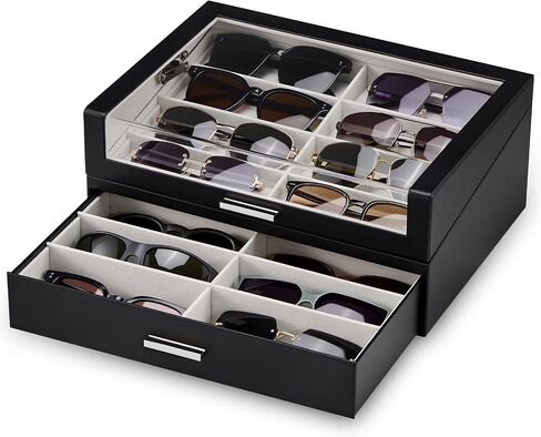 ProCase 12 Slots Sunglasses Box Organizer with L-Shaped Clear Lid, Multiple Pairs Glasses Display Holder Eyewear Eyeglass Eye Glass Storage with Drawer for Men -Espresso in Kuwait