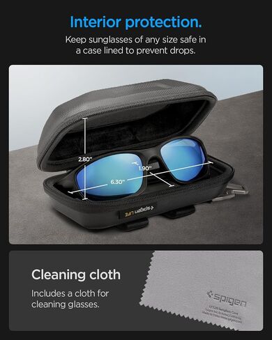 حافظة نظارة شمسية Spigen Life ذات هيكل صلب مع حلقة تسلق وفتاحة زجاجات وقطعة قماش للتنظيف وحزام حزام - مناسبة عالميًا لـ Meta وRay-Ban وOakley ومعظم النظارات، للمشي لمسافات طويلة والسفر والحمل اليومي - أسود in Kuwait
