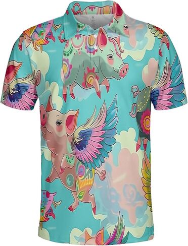 Flying Pig Polo Shirts for Men - Angel Wings Short Sleeve Dry Fit 3D Print Unisex Golf Shirts Series 18 Size L in Kuwait