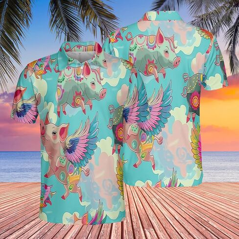 Flying Pig Polo Shirts for Men - Angel Wings Short Sleeve Dry Fit 3D Print Unisex Golf Shirts Series 18 Size L in Kuwait
