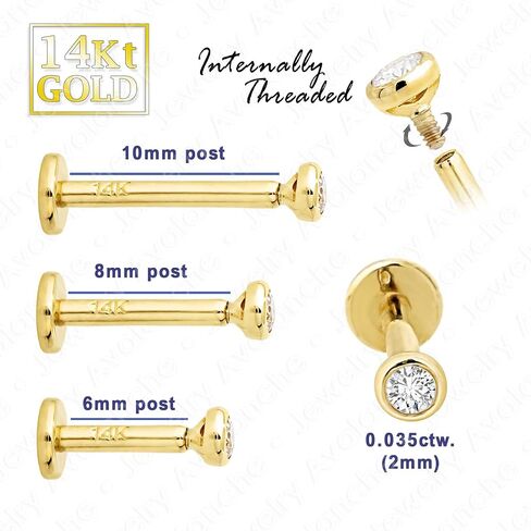 Jewelry Avalanche 16G 14K Yellow Gold Bezel Set 2mm (0.035ct) Diamond Labret Monroe Stud 6mm Post Flat Disk Bottom Lip Ring Tragus Stud Internally Threaded 14KLBRT-BZ20WD6YG in Kuwait