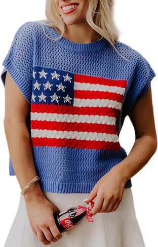 Womens Summer American Flag Graphic Short Sleeve Crewneck Sweater Pullover Knit Tops in Saudi Arabia