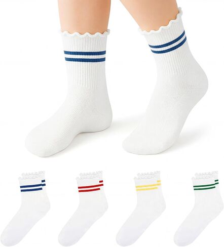 Stelle Girls Socks Ruffle Socks for Girls Cotton Striped Crew Sock Girls Athletic Socks in Kuwait
