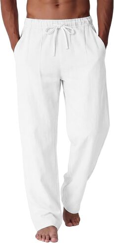 A WATERWANG Men's Casual Linen Pants Summer Beach Cotton Lightweight Pants Elastic Waist Drawstring with Pockets in Saudi Arabia