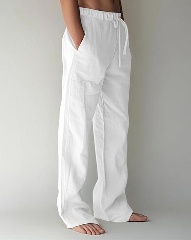 A WATERWANG Men's Casual Linen Pants Summer Beach Cotton Lightweight Pants Elastic Waist Drawstring with Pockets in Saudi Arabia