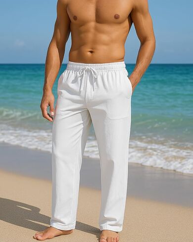 A WATERWANG Men's Casual Linen Pants Summer Beach Cotton Lightweight Pants Elastic Waist Drawstring with Pockets in Saudi Arabia