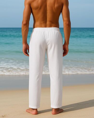 A WATERWANG Men's Casual Linen Pants Summer Beach Cotton Lightweight Pants Elastic Waist Drawstring with Pockets in Saudi Arabia