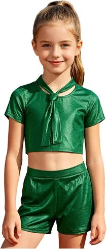 Girls Metallic Crop Tops with Shiny Shorts Jazz Dance Outfits Cheer Outfit for Cheerleading Green 13-14 Years in Saudi Arabia