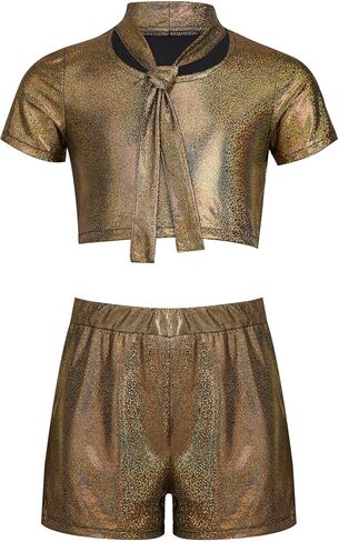 Girls Metallic Crop Tops with Shiny Shorts Jazz Dance Outfits Cheer Outfit for Cheerleading Black Gold 7-8 Years in Saudi Arabia