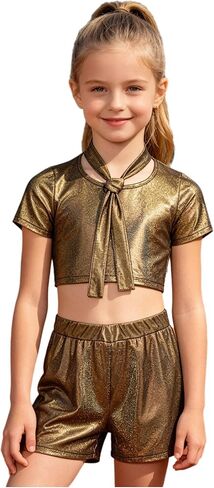 Girls Metallic Crop Tops with Shiny Shorts Jazz Dance Outfits Cheer Outfit for Cheerleading Black Gold 7-8 Years in Saudi Arabia