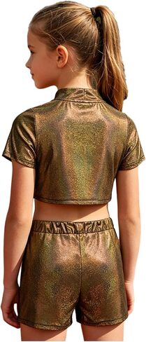 Girls Metallic Crop Tops with Shiny Shorts Jazz Dance Outfits Cheer Outfit for Cheerleading Black Gold 7-8 Years in Saudi Arabia